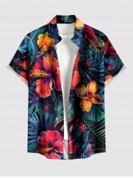 Plus Size Hibiscus Flower Tropical Leaf Print Buttons Pocket Hawaii Shirt For Men -  