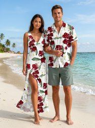 Tropical Leaf Flower Print Matching Hawaii Beach Outfit For Couples -  