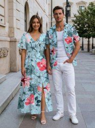 Hibiscus Flowers Leaf Print Plus Size Matching Hawaii Beach Outfit For Couples -  