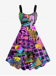 Plus Size Coconut Tree Tape Flamingo Print Hawaii A Line Dress -  