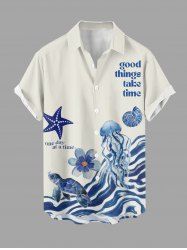 Plus Size Starfish Jellyfish Turtle Flowers Print Buttons Pocket Hawaii Shirt For Men - Bleu 4XL