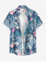 Plus Size Flowers Leaf Tropical Print Buttons Pocket Hawaii Shirt For Men - Bleu clair XL