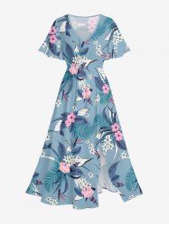 Plus Size Flowers Leaf Tropical Print Split Hawaii Midi Dress - Bleu clair 4X