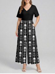 Skull Heart Striped Print Wide Leg Jumpsuit - Noir M