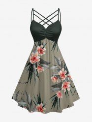 Tropical Leaf Flower Print Hawaii Ruched Crisscross Strappy A Line Cami Dress - Vert profond S