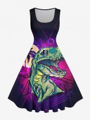 Robe trapèze vintage hawaïenne grande taille à imprimé cocotier, lune, dinosaure et galaxie - Concorde 4X