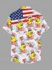 Patriotic American Flag Fireworks Ducks Flower Print Buttons Pocket Shirt For Men -  