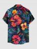 Plus Size Hibiscus Flower Tropical Leaf Print Buttons Pocket Hawaii Shirt For Men - Turquoise Foncée 2XL