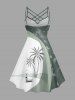 Coconut Tree Seascape Umbrella Flowers Colorblock Print Ruched Lattice Crisscross Straps Hawaii Dress - Vert clair L