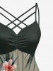 Tropical Leaf Flower Print Hawaii Ruched Crisscross Strappy A Line Cami Dress - Vert profond S