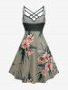 Tropical Leaf Flower Print Hawaii Ruched Crisscross Strappy A Line Cami Dress - Vert profond S