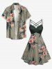 Tropical Leaf Flower Print Hawaii Ruched Crisscross Strappy A Line Cami Dress - Vert profond S