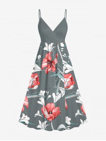 Plus Size Flowers Leaf Print Surplice Hawaii Cami Dress - LIGHT GRAY - 1X