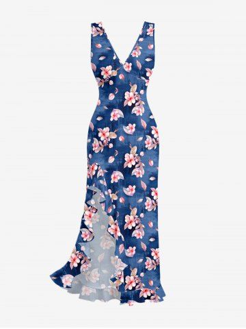 Flowers Leaf Print Hawaii Ruffles Split Surplice Dress - BLUE - XS