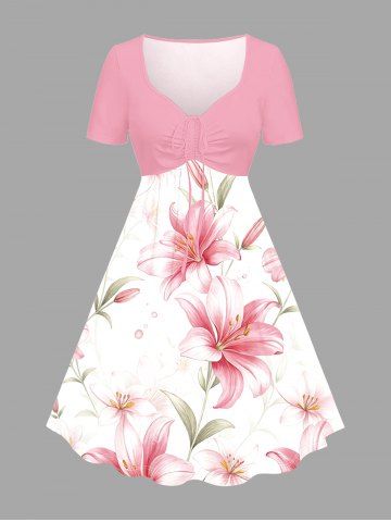 Plus Size Flowers Leaf Print Cinched Hawaii Dress - PINK - 2X