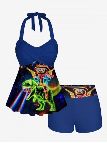 Dinosaur Cat Planet Galaxy Print Hawaii Twist Halter Backless Boyleg Tankini Swimsuit - DEEP BLUE - 1X