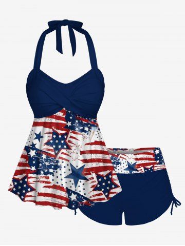 Patriotic American Flag Graffiti Print Twist Halter Backless Cinched Boyleg Tankini Swimsuit - DEEP BLUE - 4X