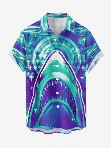 Plus Size Shark Sea Print Hawaii Button Pocket Shirt For Men - BLUE - M