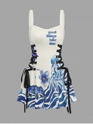 Starfish Jellyfish Turtle Flowers Print Lace Up Hawaii Tank Dress - BLUE - XL