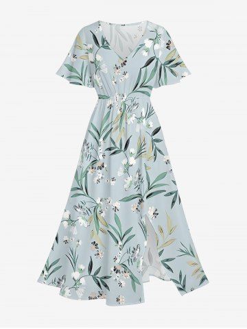 Plus Size Flowers Leaf Print Split Hawaii Midi Dress - BLUE GRAY - XXS