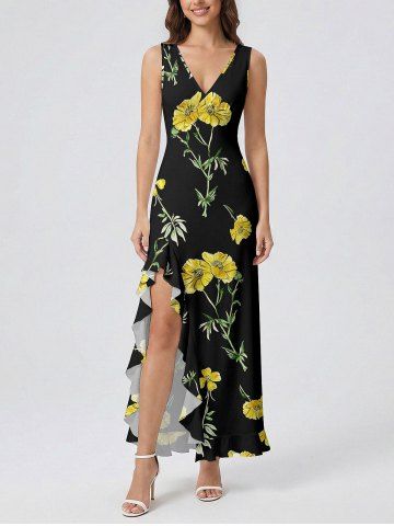 Flowers Leaf Print Hawaii Ruffles Split Surplice Dress - BLACK - L