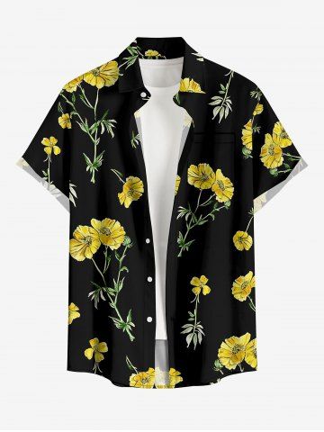 Plus Size Flowers Leaf Print Buttons Pocket Hawaii Shirt For Men - BLACK - S