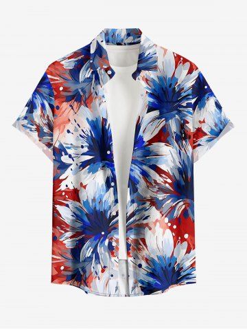 Plus Size Patriotic American Flag Flowers Paint Splatter Print Buttons Pocket Shirt For Men - RED - 5XL