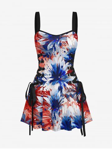 Patriotic American Flag Flowers Paint Splatter Print Lace Up Tank Dress - RED - XS