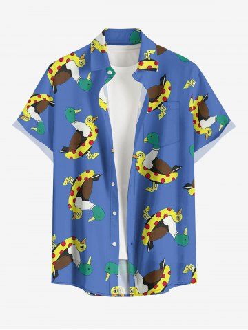 Plus Size Duck Swimming Ring Print Hawaii Button Pocket Shirt For Men - BLUE - 3XL