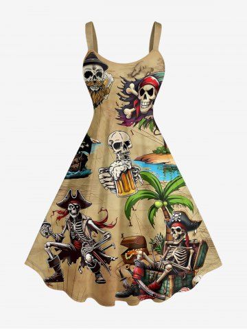 Skulls Skeleton Pirate Coconut Tree Beer Print Hawaii A Line Dress
