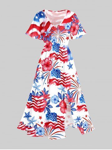 Plus Size Patriotic American Flag Fireworks Hibiscus Flowers Print Split Midi Dress - RED - 3X
