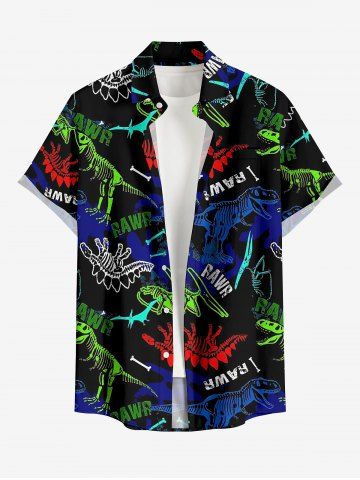 Plus Size Dinosaur Letters Print Hawaii Button Pocket Shirt For Men - BLACK - 3XL
