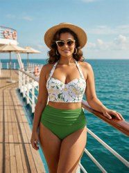 Plus Size Daisy Flowers Leaf Print Halter Ruched Tankini Swimsuit -  