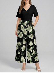 Flower Leaf Print V Neck Hawaii Wide Leg Jumpsuit -  