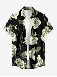 Plus Size Flower Leaf Print Buttons Pocket Hawaii Shirt For Men -  