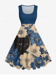 Plus Size Flowers Cat Print Hawaii 1950s Vintage Dress -  