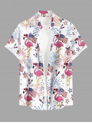 Patriotic American Flag Fireworks Flamingo Print Buttons Pocket Shirt For Men - Rose Vif S