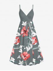 Flowers Leaf Print Surplice Hawaii Cami Dress -  