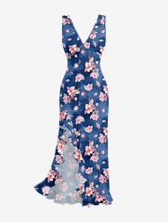 Flowers Leaf Print Hawaii Ruffles Split Surplice Dress - Bleu S