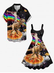 Dinosaur Cat Pizza Rainbow Galaxy Print Matching Hawaii Beach Outfit For Couples -  