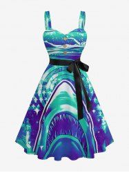 Shark Sea Print Hawaii Button A Line Dress with Removable Belt -  