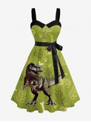 Tropical Leaf Dinosaur Print Hawaii Button A Line Dress with Removable Belt -  