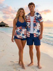 Patriotic American Flag Graffiti Print Plus Size Matching Outfit For Couples -  