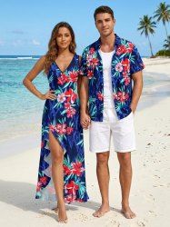Tropical Leaf Flower Print Matching Hawaii Beach Outfit For Couples - Bleu 