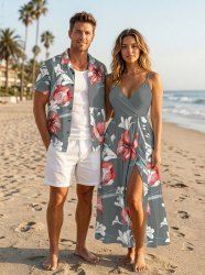 Flowers Leaf Print Plus Size Matching Hawaii Beach Outfit For Couples -  
