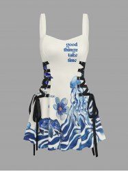 Starfish Jellyfish Turtle Flowers Print Lace Up Hawaii Tank Dress -  