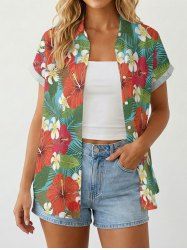 Plus Size Women Hibiscus Flower Tropical Leaf Print Buttons Pocket Hawaii Shirt -  