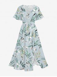 Plus Size Flowers Leaf Print Split Hawaii Midi Dress - Bleu-gris 3X