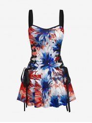 Patriotic American Flag Flowers Paint Splatter Print Lace Up Tank Dress -  