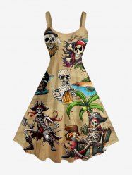 Skulls Skeleton Pirate Coconut Tree Beer Print Hawaii A Line Dress - Bronze 6X